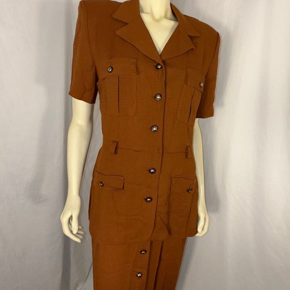 Vintage 90s Danny & Nicole Rust Brown Faux Two Piece Dress Rayon Midi Made in US - Picture 3 of 15